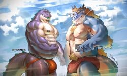 2025 abs anthro areola armpit_hair artist_collaboration barazoku barbel_(anatomy) beard belly big_bulge big_muscles blep body_hair bulge cellphone chest_hair claws clothed clothing cloud crocodilian day deltoids detailed_background dragon duo eastern_dragon electronics eyebrows facial_hair facial_piercing flesh_whiskers flexing flexing_bicep fur hair hi_res holding_object holding_phone horn huge_muscles jockstrap kemono lens_flare looking_at_viewer male manly musclegut muscular muscular_anthro muscular_male mythological_creature mythological_scalie mythology nipples non-mammal_nipples nose_piercing nose_ring outside partially_submerged pecs phone piercing pubes reptile ring_piercing scales scalie sea sky smartphone smile speedo standing swimwear tail tanmoji_x teeth thick_arms thick_thighs tongue tongue_out topless topless_anthro topless_male triceps underwear vein water zfou