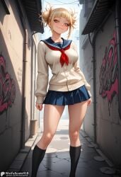 ai_generated alley bangs black_socks blonde_hair blue_sailor_collar blue_skirt blunt_bangs blush boku_no_hero_academia breasts cardigan closed_mouth day double_bun female graffiti hair_bun high_resolution highres kneehighs long_sleeves looking_at_viewer medium_breasts messy_hair my_hero_academia neckerchief outdoors patreon_username pleated_skirt red_neckerchief sailor_collar school_uniform serafuku short_hair skirt smile socks solo stable_diffusion standing thighs toga_himiko waifuscans418 watermark web_address yellow_eyes