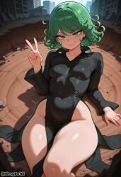 ai_generated black_dress blush breasts covered_navel curly_hair dress female green_eyes green_hair high_resolution highres long_sleeves looking_at_viewer lying nimybotai no_panties one-punch_man short_hair small_breasts smile solo stable_diffusion tatsumaki thick_thighs thighs twitter_username v wide_hips