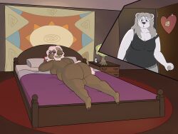 absurd_res anthro ass backsack balls bear bed bed_sheet bedding big_butt blue_eyes bottomwear bovid brown_body brown_fur butt_focus caprine carpet clothed clothed_anthro clothing crispymutton door door_handle doorway duo female fur furniture genitals grey_bottomwear grey_clothing grey_hair grey_pants hair heart_symbol hi_res huge_butt lamp mammal nintendo nintendo_ds_family note pants pink_body pink_fur pink_hair pink_tail pink_wool polar_bear purple_eyes sheep shirt solo_focus tail tank_top tapestry topwear ursine white_body white_fur wool_(fur)