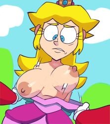 assisted_exposure breasts embarrassed female looking_down mario mario_(series) monamania outdoors princess_peach princess_peach_(starbomb) starbomb super_mario_bros. tagme