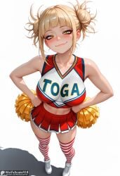 ai_generated bangs bare_shoulders blonde_hair blunt_bangs blush boku_no_hero_academia breasts cheerleader closed_mouth collarbone crop_top double_bun english_text female from_above full_body hair_bun hands_on_hips high_resolution highres holding_pom_poms large_breasts looking_at_viewer meme messy_hair midriff miniskirt my_hero_academia navel pleated_skirt pom_pom_(cheerleading) red_skirt shadow shirt shoes sidelocks simple_background skirt sleeveless sleeveless_shirt smile sneakers solo stable_diffusion standing striped striped_thighhighs thighhighs toga_himiko waifuscans418 white_background white_footwear yellow_eyes zettai_ryouiki