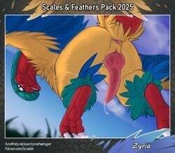 2025 3_toes animal_genitalia anus archeops ass blue_body blue_feathers blurred_background blush bodily_fluids claws cum cum_string english_text erection feathers feet feral flying fossil_pokemon generation_5_pokemon genital_fluids genital_slit genitals grass hi_res knot knotted_penis looking_at_viewer looking_back male nintendo open_mouth outside penis plant pokemon pokemon_(species) precum presenting presenting_anus presenting_hindquarters presenting_penis sky solo tapering_penis text toes url white_sclera yellow_body yellow_feathers zyria