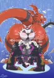 absurd_res anal anal_penetration anthro anus ass balls bandai_namco bent_over big_penis black_body black_sclera blush bodily_fluids cum cum_in_ass cum_inside digimon digimon_(species) digimon_ghost_game duo erection genital_fluids genitals guilmon gulusgammamon hi_res male male/male male_penetrated male_penetrating male_penetrating_male mrt0ony penetration penile penile_penetration penis red_body sex tail