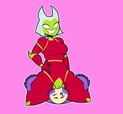 1girl1boy 1male1female 2monsters big_deal butt_witch clothed_female cum cum_on_tongue cunnilingus devotion dominant_female drooling duncneying_(artist) female femdom girl_cum gold_clothing green_skin hand_on_hip hands_on_thighs horns horny_female licking_pussy looking_pleasured lovestruck male malesub monster monster_boy monster_girl no_panties no_pupils purple_body purple_fur purple_skin pussy pussy_eating pussy_licking red_clothing red_suit sitting_on_another sitting_on_person submissive submissive_male twelve_forever wardrobe_malfunction white_eyes white_hair wide_hipped_female wide_hips wide_spread_legs winged_arms