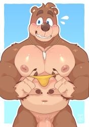 2025 absurd_res anthro areola balls banjo-kazooie banjo_(banjo-kazooie) barazoku bear belly biceps big_balls big_muscles big_pecs big_penis blue_background blush border claws clothing deliverymutt eyebrows fatpad front_view fur genitals gradient_background hi_res holding_clothing holding_object holding_underwear huge_muscles humanoid_genitalia humanoid_penis jewelry looking_at_viewer male mammal musclegut muscular muscular_anthro muscular_male navel necklace nervous nervous_smile nipples nude pecs penis penis_base rareware shark_tooth_necklace shy simple_background smile solo standing sweatdrop_(iconography) teeth thick_arms thick_penis thick_thighs thong tuft underwear white_border