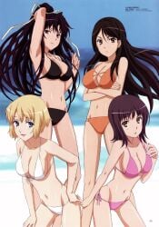 4girls absurdres arm_up armpits bikini black_bikini black_hair blonde_hair blue_eyes breasts brown_eyes brown_hair cleavage cowboy_shot crossed_arms day depth_of_field front-tie_bikini_top front-tie_top frown fukiyose_seiri full_body hair_ribbon hand_on_own_hip high_ponytail highres hip_focus itsuwa kanzaki_kaori legs_apart long_hair megami_magazine multi-strapped_bikini_bottom multi-strapped_bikini_top multiple_girls official_art orange_bikini orsola_aquinas outdoors parted_bangs ponytail purple_bikini purple_eyes purple_hair ribbon shinohara_kenji short_hair side-tie_bikini_bottom standing string_bikini swimsuit toaru_majutsu_no_index toaru_majutsu_no_index_ii v-shaped_eyebrows very_long_hair white_bikini