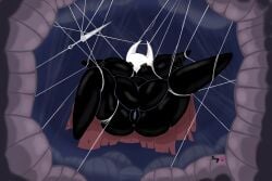 2_horns anus areola arthropod artist_logo ass belly big_belly big_breasts biped black_breasts black_eyes bound breasts doggo_the_maid female genitals hi_res hollow_knight horn hornet_(hollow_knight) logo melee_weapon nipples nude overweight pussy solo team_cherry vulva weapon