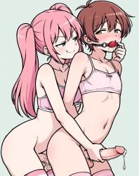 2boys ai_generated anal anal_sex arms_behind_back artist_request ball_gag balls blue_eyes blush bondage brown_eyes brown_hair crop_top crossdressing cum cum_drip cum_while_penetrated domination duo erection femboy femboydom gag gagged gay girly handjob looking_back male male/male male_only maledom nervous penis pink_hair reach_around restrained sex smug striped_thighhighs thighhighs trap yaoi