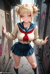 ai_generated alley bangs black_socks blonde_hair blue_sailor_collar blue_skirt blunt_bangs blush boku_no_hero_academia breasts closed_mouth collarbone day double_bun female graffiti hair_bun high_resolution highres kneehighs large_breasts long_sleeves looking_at_viewer messy_hair miniskirt my_hero_academia neckerchief outdoors patreon_username pleated_skirt red_neckerchief sailor_collar school_uniform serafuku short_hair sidelocks skirt smile socks solo stable_diffusion standing thighs toga_himiko waifuscans418 watermark web_address yellow_eyes