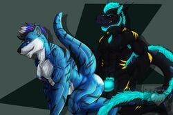 2boys anal armpit_hair armpits blue_jet drakator furry gay interspecies kage_ashru male male_only original_character scalie sex silver_shadowheart text totter watermark yaoi