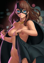 1girls areolae batarang batgirl batman_(series) belly blue_eyes breasts brown_hair cape dc dc_comics female female_only human large_breasts lasterk long_hair looking_at_viewer mask navel nipples nude smile solo standing