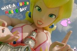 3d 3d_(artwork) blue_eyes bra castle crown giant_female giantess heart hearts holding_another jewelry lazza_(artist) light-skinned_female light-skinned_male light_skin looking_down mar10_day mario mario_(series) massive_breasts mushroom_kingdom nintendo outdoors outside pink_nails princess princess_peach reflection reflective_clothing royalty smaller_male smiling smiling_at_viewer star super_mario_bros. super_smash_bros. white_teeth