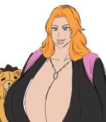 1boy 1girls 2d 2d_(artwork) 2d_artwork alternate_breast_size beauty beauty_mark_under_mouth big_breasts black_robe bleach blue_eyes blue_eyes_female breasts breasts_bigger_than_head breasts_focus chain_necklace chains female female_focus japanese japanese_clothes japanese_female kissable_lips kon large_breasts light_skin light_skinned_female long_hair long_hair_female matsumoto_rangiku mole mole_under_mouth momiji_(artist) necklace orange_hair orange_hair_female pink_scarf robe scarf stuffed_animal white_background