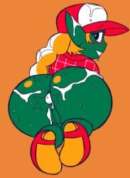 anus ass big_butt black_eyes blonde_hair blush bodily_fluids bottomless braided_hair cam_(artist) clothed clothing cum cum_in_ass cum_inside cum_on_butt cum_on_ear cum_on_head eyelashes female footwear freckled_butt freckled_face freckles genital_fluids genitals goblin green_body green_skin hair hat headgear headwear hi_res humanoid humanoid_pointy_ears leaking_cum looking_at_viewer looking_back looking_back_at_viewer orange_background pointy_ears rear_view red_clothing red_footwear red_shoes red_topwear shoes simple_background smile solo thick_thighs topwear trucker_hat vulva wide_hips