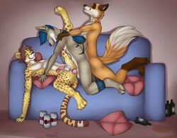 3boys adrital alcohol anal anal_sex anthro beer beverage canine cheetah drunk feline fox furry group group_sex jonas-puppeh knot male male_only mammal mrfoxees party pillow ray-bleiz sex sofa threesome wolf yaoi