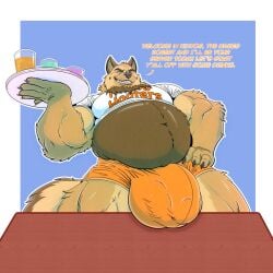 1:1 anthro belly big_belly big_bulge brown_body brown_fur bulge dialogue fur green_eyes hi_res himbo_hooters hooters hooters_uniform huge_bulge male mature_male musclegut muscular muscular_male ottosanchez overweight overweight_male solo species_request tan_body tan_fur text