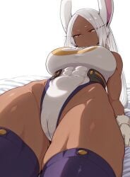 abs ai_generated cameltoe dark-skinned_female dark_skin hero_outfit_(mha) leotard miruko muscular muscular_female muscular_thighs my_hero_academia randomran red_eyes thick thick_thighs thighhighs thighs white_hair