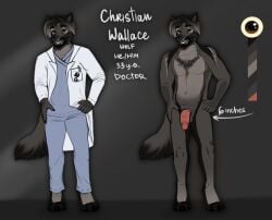 4_toes 5_fingers anthro barefoot beard blue_clothing body_hair bottomwear canid canine canis chest_hair christian_wallace_(rimann) claws clothing countershade_face countershade_torso countershading digitigrade doctor doctor's_coat english_text eyebrows facial_hair feet fingers fluffy fluffy_tail foreskin genitals hair half-erect hi_res hindpaw humanoid_genitalia humanoid_penis male mammal model_sheet nude pants parted_hair paws pen penis pockets retracted_foreskin rimann scrubs shirt simple_background smile solo standing tail text toe_claws toeless_(marking) toes topwear uncircumcised wolf