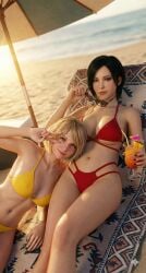 2girls ada_wong ada_wong_(adriana) ai_generated ashley_graham ashley_graham_(ella_freya) beach big_breasts bikini biohazard breasts capcom cleavage cuote4mikewhere happy medium_breasts navel peace_sign peace_symbol red_bikini red_bikini_bottom red_bikini_top resident_evil resident_evil_4 resident_evil_4_remake short_hair shoulder_length_hair smile smiling swimsuit swimwear twitter v video_game_character video_game_franchise video_games yellow_bikini yellow_bikini_bottom yellow_bikini_top