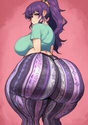 1girls ai_generated alternate_breast_size amiamia asahina_mafuyu ass ass_focus bell_bottoms_(pants) big_ass big_breasts big_butt blue_eyes bubble_butt crop_top emotionless emotionless_female flare_pants forbidden_pants goghkunn hair_ornament hair_tie hair_tied_up hair_up looking_back looking_back_at_viewer mafuyu_asahina project_sekai purple_eyes purple_hair sideboob teal_shirt