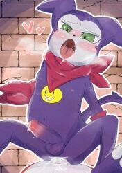 absurd_res anal anal_sex anthro balls bandai_namco blush bodily_fluids cum cum_in_ass cum_inside cum_while_penetrated digimon digimon_(species) duo erection foreskin genital_fluids genitals green_eyes hi_res humanoid_genitalia humanoid_penis impmon kerchief male male/male male_penetrated male_penetrating male_penetrating_male neckerchief neckwear penetration penile penile_penetration penis penis_in_ass purple_body sex suzuinu uncircumcised