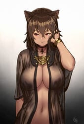 1girls animal_ears areola bastet_(houtengeki) breasts brown_hair cat_ears catgirl cleavage dark-skinned_female egyptian female houtengeki large_breasts navel nightgown nipples original see-through solo voluptuous