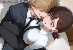 1boy ai_generated bangs black_belt black_hair black_jacket black_neckwear black_pants blank_forest blonde_hair blush breast_pocket breasts brown_eyes brown_hair chainsaw_man closed_eyes closed_mouth collared_shirt couch denji_(chainsaw_man) dress_shirt eyebrows_visible_through_hair female formal freckles from_above grabbing hair_between_eyes hair_ornament hairclip indoors jacket kobeni_higashiyama large_breasts large_penis long_hair long_sleeves looking_at_another male medium_hair mole mole_under_eye necktie nervous nervous_smile office_lady open_mouth pants patreon_username penis petite petite_body pocket ponytail raped rough_sex school_uniform shirt short_hair shy sitting sitting_on_person small_breasts straight sweat sweating teeth tongue tongue_out watermark web_address white_shirt