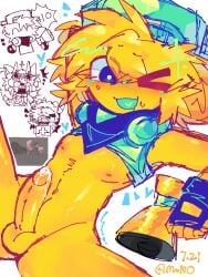 1boy balls block_tales bottomless cum erection megaphone_man_(block_tales) mostly_nude munooo137 nipples penis roblox roblox_game robloxian self_upload tagme yellow_skin