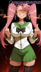 1girls 2025 ai_generated artist_name breasts breasts breasts bust chest cigarette cum ejaculation electricity electroworld facial female female_ejaculation glasses green_sailor_collar green_skirt hi_res high_quality high_resolution highres highschool_of_the_dead holding_cigarette index_finger_raised lightning long_hair middle_finger patreon patreon_username pink_hair pointing projectile_cum saya_takagi school_uniform serafuku skirt smoke smoking solo stable_diffusion suggestive_fluid thighhighs trembling twintails watermark yellow_eyes