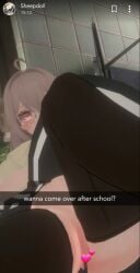 3d 3d_(artwork) amber_eyes black_legwear blonde_hair glasses no_panties school_uniform schoolgirl self_upload selfie sheep sheep_ears sheep_girl sheep_horns sheepdoll snapchat thick_thighs thighhighs upskirt vrchat vrchat_avatar vrchat_media vrchat_model