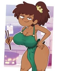 1girls amphibia amphibia_(finale) amphibia_(series) anne_boonchuy apron apron_only asian asian_female big_breasts breasts brown_hair cooking dark-skinned_female dark_skin drawsoyeah huge_breasts kitchen looking_at_viewer milf naked_apron thai thai_female thick_legs thick_thighs thong