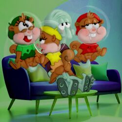 1boy 3girls anthro anthro_on_anthro blue_body bottomless bottomless_female brown_fur cephalopod clothing couch erection female fingering fingering_pussy furry furry_female furry_male furry_only genitals green_hat green_shirt hat helmet interspecies male male/female mammal marine multiple_girls nickelodeon octopodiform octopus open_mouth penis penis_in_pussy pussy red_hat red_shirt rodent sex shirt sitting spongebob_squarepants squidward_tentacles squirrel straight straight_sex tail yellow_hat yellow_shirt