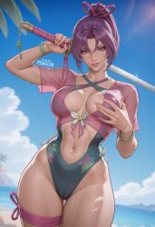 ai_generated arm_up beach bikini blue_hair blue_sky breast_grab breast_lift breasts busty cameltoe cleavage curvy dutch_angle female female grabbing_breasts leaning_forward light-skinned_female light_skin looking_at_viewer marvel marvel_comics marvel_rivals medium_breasts narrow_waist official_alternate_costume one-piece_swimsuit patreon_username penguih psylocke psylocke_(breezy_butterfly) psylocke_(marvel_rivals) purple_hair shocked slim_waist smile smirk solo_focus standing sunglasses_on_head swimsuit sword thick_thighs thigh_strap waves weapon wet_clothing white_hair white_nails wide_hips x-men