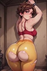 2d ai_generated animated animated annoyed cartoon cartoonish cartoony chains curvy jiggle jiggling_ass leggings looking_at_viewer needmymommy overwatch overwatch_2 ripped_clothing tagme tied_up tracer video western_art