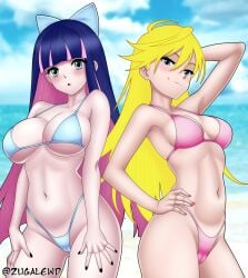 2girls beach big-boobs big_breasts bikini bikini_bottom bikini_only bikini_top black_nails blonde blonde_female blonde_hair blonde_hair_female blue_bikini blue_bikini_bottom blue_bikini_top blue_eyes blue_eyes_female breasts fanart female large_breasts long_hair long_hair_female medium_breasts painted_nails panty_&_stocking_with_garterbelt panty_anarchy panty_and_stocking pillow_shading pink_bikini pink_bikini_bottom pink_bikini_top red_nails stocking_anarchy swimsuit thick_thighs two_tone_hair zugalewd