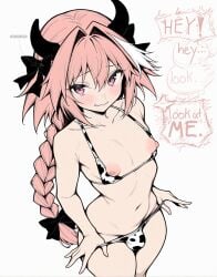 1boy 1femboy 1femboys 2d 2d_(artwork) ai_generated animal_print astolfo_(fate) bangs belly_button big_ass big_ass_(male) bikini bikini_pull bikini_slip black_bow blush bow braid bulge closed_mouth collarbone cow_horns cow_print curvy curvy_figure curvy_hips english_text fate/grand_order fate_(series) femboy femboy_focus femboysub from_above hair_between_eyes hair_intakes hairbow height_difference high_res high_resolution highres horns jealous long_braid long_hair looking_at_viewer male_focus male_pov multicolored_hair navel needy nervous nipples oerba_yun_fang otoko_no_ko picklepumper pink_hair pov pov_eye_contact pov_male puffy_nipples pulled_by_self purple_eyes simple_background single_braid sissy skin_fang slim_waist solo streaked_hair submissive_femboy swimsuit text thick_thighs wavy_mouth white_background wide_hips
