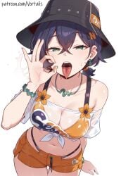 ahe_gao ai ai_generated alluring areolae_visible_through_clothing athletic bare_midriff bare_shoulders beautiful belle_(summer_skies)_(zenless_zone_zero) belle_(zenless_zone_zero) belt bikini bikini_top black_belt black_hat blush bracelets breasts bucket_hat character_focus clean_lines close-up confident_stare dazed defined_back detailed_face detailed_tongue dramatic_lighting drool earrings eye_roll eyebrow_raised fellatio_gesture female fit_girl flower_design from_front glistening glowing_skin green_bracelets green_eyes hair_over_shoulder hair_tie hand_gesture hat high_contrast high_quality inviting jewelry large_breasts letter_k letter_n logo long_eyelashes looking_at_viewer messy_hair moist motion_lines navel necklace nipples_visible_through_clothing ok_sign ok_text open_mouth open_shirt oral_invitation orange_bikini orange_hair_tie orange_hat_band orange_shorts out_of_it outdoors pale_skin parted_lips perfect_breasts perky_nipples playful posing pov saliva sea_text seductive see-through shiny_skin short_hair short_shorts sideboob simple_background soft_lighting solo sparkle spit spit_string standing string_bikini strong_back subtle_blush sweat teasing text_on_shirt tied_shirt toned tongue tongue_curled tongue_out vortalis waist_up wet wet_shirt white_background white_shirt zenless_zone_zero