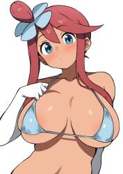 areola_slip bare_shoulders big_breasts bikini blue_bikini blue_eyes blush breasts cleavage closed_mouth collarbone dark-skinned_female ecgg_(tsuji418477) elbow_gloves gloves hair_ornament long_hair micro_bikini pokemon red_hair shiny_skin sideboob skyla_(pokemon) underboob upper_body white_gloves