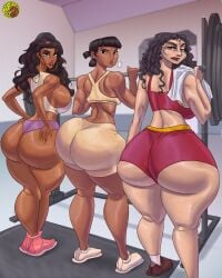 3girls age_difference artfoo_1 back big_ass big_breasts big_butt black_hair breasts brown_eyes crossover dark-skinned_female dark_skin disney disney_villains esmeralda female female_focus female_only green_eyes gym gym_clothes gym_uniform gypsy huge_ass huge_breasts huge_butt light-skinned_female light_skin long_hair looking_at_viewer mature mature_female milf mother_gothel nakoma native_american native_american_female pocahontas rear_view shorts small_breasts tangled the_hunchback_of_notre_dame thick_thighs voluptuous voluptuous_female
