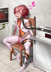 artist_request asphyxiation bag_over_head ball_gag blush bodily_fluids bodysuit bondage dead death eyes_rolled_back light_skin neptunia_(series) orange_eyes red_hair restrained skin_tight small_breasts solo suffocation tied_to_chair tied_up uzume_tennouboshi vibrator vibrator_in_pussy vibrator_on_nipple