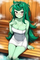 1girls ai_generated big_breasts breasts cleavage equestria_girls female female_only freckles freckles_on_breasts freckles_on_chest freckles_on_thighs friendship_is_magic green_nails hasbro large_breasts looking_at_viewer my_little_pony nai_diffusion nail_polish naked_towel novelai sauna sitting solo solo_female stable_diffusion steam steamy tantabus_link towel wallflower_blush_(eg) water