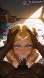 1boy 1girls :>= ai_generated balls bed blonde_hair blue_eyes blush breasts cartoon_network censored clover_(totally_spies) completely_nude condom cum cum_in_mouth cum_in_nose cum_overflow dark-skinned_male dark_penis dark_skin deepthroat erection fellatio female hands_on_another's_head head_grab heart heart-shaped_pupils indoors interracial irrumatio large_penis lips looking_at_viewer male male_pubic_hair medium_breasts meitabuu mosaic_censoring navel netorare nose_bubble nude on_bed oral parted_bangs penis pov pov_crotch pubic_hair saliva short_hair snot solo_focus straight sunlight sweat symbol-shaped_pupils testicles totally_spies uncensored unworn_clothes veiny_penis very_dark_skin