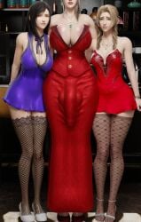 1futa 2girls 3d aerith_gainsborough areolae areolae_slip bulge clothed clothed_female clothing cock dress female final_fantasy final_fantasy_vii final_fantasy_vii_remake futa_on_female futanari heels huge_breasts huge_cock imminent_sex multiple_girls penis penis_visible_through_clothing scarlet_(ffvii) square_enix tifa_lockhart trio trio_female trio_focus zzzxxxccc