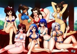 8girls abs akali_jhomen_tethi asami_sato ashe_(league_of_legends) avatar_the_last_airbender big_breasts bikini blue_eyes blue_hair bow breasts brown_eyes brown_hair crossover dark-skinned_female dark_skin eastern_and_western_character fairy_tail female female_only green_eyes harem jadenkaiba juvia_lockser kasumi_tendo korra large_breasts league_of_legends muscular muscular_female ranma_1/2 red_hair swimsuit the_legend_of_korra ukyo_kuonji wendy_(edolas) wendy_marvell white_hair