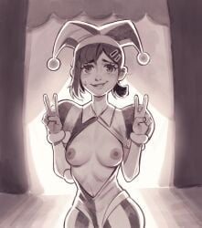 1girls adult adult_female areolae belly belly_button black_and_white breasts chainsaw_man clown_costume clown_girl digital_drawing digital_media double_peace_sign double_v_sign effyneprin elbows exposing exposing_breasts exposing_chest exposing_nipple exposing_self female female_focus female_only fingers groin half_naked half_nude higashiyama_kobeni high_resolution highres jester jester_costume jester_outfit kobeni_higashiyama lean_figure lips long_hair looking_at_viewer mature mature_female midriff monochrome naked naked_female naked_woman narrow_waist navel nervous nervous_expression nervous_face nervous_female nervous_smile nipples nude nude_female nudity parted_lips peace_sign semi_nude shoulders showing_breasts showing_chest showing_nipple shy shy_expression shy_smile sign simple_background slender_body slender_waist slim_waist small_breasts smile smiley_face smiling smiling_at_viewer solo standing uncensored uncensored_breasts uncensored_nipples upper_body v v_sign white_background
