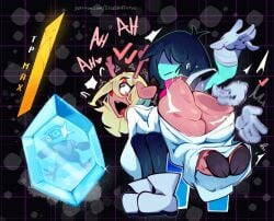 anthro ass berdly berdly_(dark_world_form) big_ass black_hair blue_skin boots deltarune deltarune_chapter_2 disabledfetus furry gameplay_mechanics gloves highres horn horns kris_(deltarune) noelle_holiday onomatopoeia open_mouth patreon_username saliva spanked_butt spanking wide_eyed