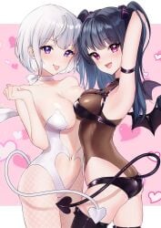 2girls arm_behind_head armband armpit armpit_crease armpit_peek armpits ass belly belly_button black_hair black_hair_female black_legwear black_stockings black_thigh_highs black_thighhighs breast_press breast_press_on_chest breast_squeeze breasts breasts_press breasts_pressed_against_another breasts_pressed_against_partner breasts_pressed_together busty busty_female busty_girl character_request closed_mouth_smile collarbone copyright_request demon_girl demon_horns demon_tail demon_wings elbows elto_0079 eyebrows_visible_through_hair female female_focus female_only fingers fishnet_legwear fishnet_pantyhose fishnet_stockings fishnet_tights groin hairless_armpits hand_behind_head high_resolution highres lean_figure legwear long_hair looking_at_viewer looking_sideways looking_to_the_side medium_breasts midriff multiple_females multiple_girls narrow_waist navel open_mouth open_mouth_smile pantyhose parted_lips pink_background presenting_armpit pressing_breasts pressing_breasts_together purple_eyes purple_eyes_female pushing_breasts_together pushing_breasts_up shaved_armpits short_hair shoulders sideboob simple_background slender_body slender_waist slim_waist smile smiley_face smiling smiling_at_viewer smirk squeezing_breast squeezing_breasts squeezing_breasts_together squeezing_own_breasts standing stockings thigh_highs thighhighs thighs tights tongue tongue_out twintails twintails_(hairstyle) upper_body white_eyebrows white_hair white_hair_female wide_hips
