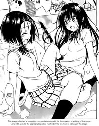 2girls accident accidental_circumstance accidental_sex accidental_yuri blush bow breasts closed_eyes clothed cropped curvy falling female kotegawa_yui large_breasts long_hair manga miniskirt monochrome multiple_girls open_mouth panties sairenji_haruna school_uniform scissoring serafuku short_hair skirt small_breasts stairs to_love-ru to_love-ru_darkness tribadism upskirt web_address yuri