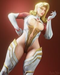 3d big_thighs blonde_hair boots curled_hair earrings emma_frost emma_frost_(marvel_rivals) emma_frost_(phoenix_diamond) gloves knee_boots leotard long_nails looking_at_viewer marvel marvel_rivals medium_hair navel seductive_look simple_background smile sweethime thighs view_from_below